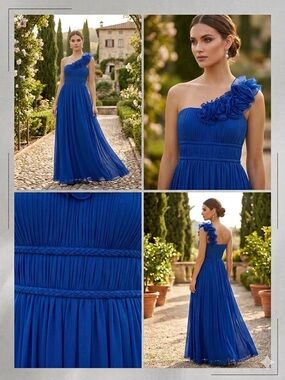 Aqua Royal Blue One-Shoulder Ruffle Chiffon Gown